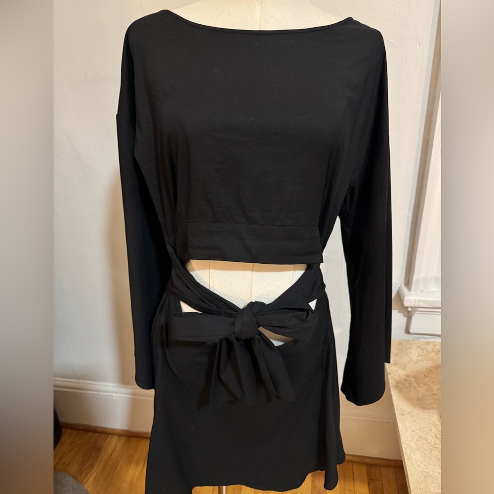 INTERMIX Black Long Sleeve Cut Out Dress with Waist Bow